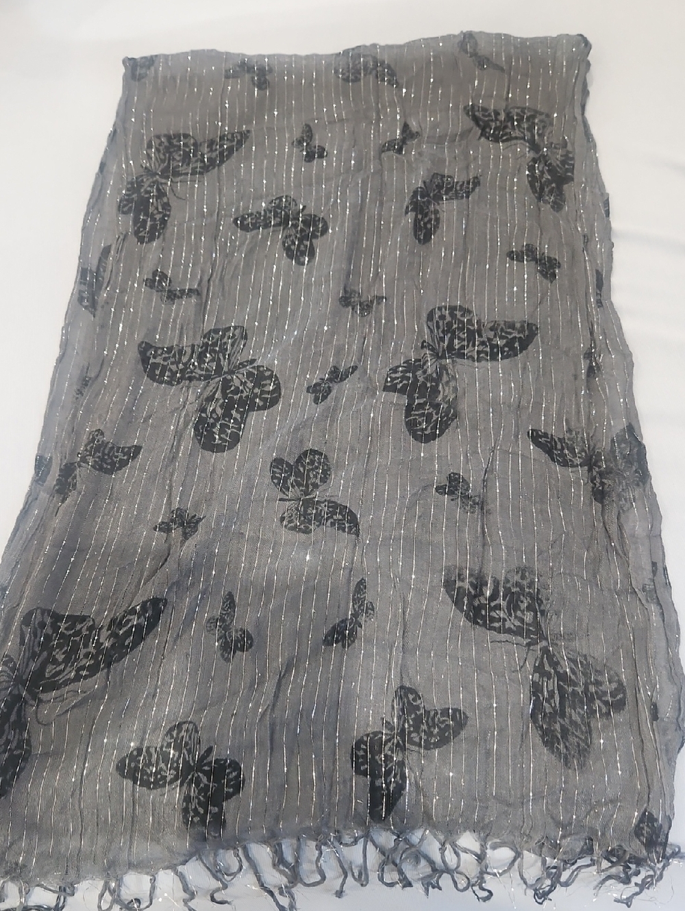 Sheer Gray Butterfly Scarf with Metallic Thread